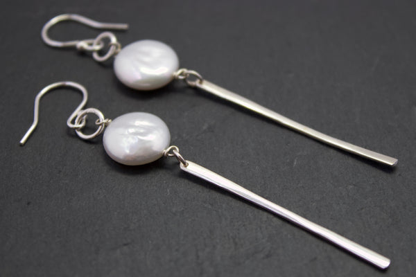 Earrings with coin pearl and silver bar drop – Sally Napier Jewellery