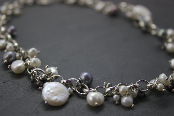 Necklace with coin freshwater pearls on silver belcher chain