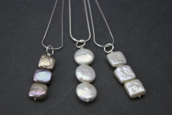 Pendant with square or coin freshwater pearls on silver chain
