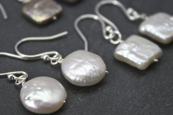 Earrings with drop square or coin freshwater pearls