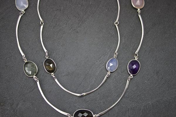 Necklace with semi-precious stones and silver twig bars