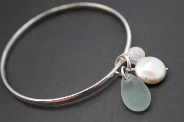 Bangle with sea glass and crackled rock crystal