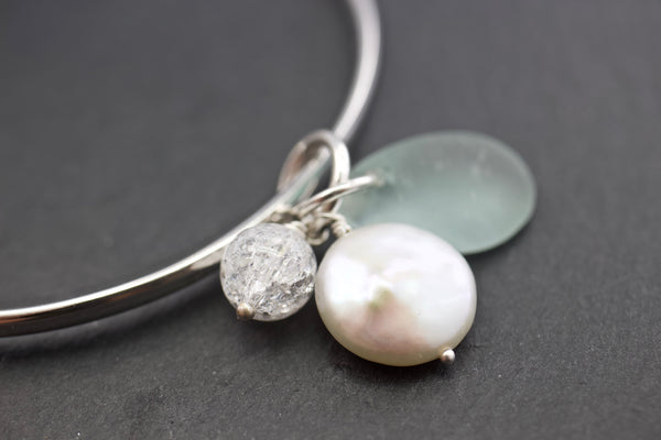 Bangle with sea glass and crackled rock crystal