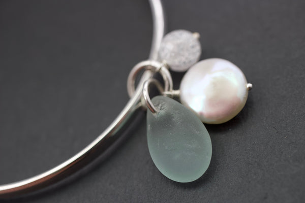 Bangle with sea glass and crackled rock crystal