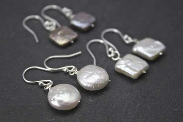 Earrings with drop square or coin freshwater pearls