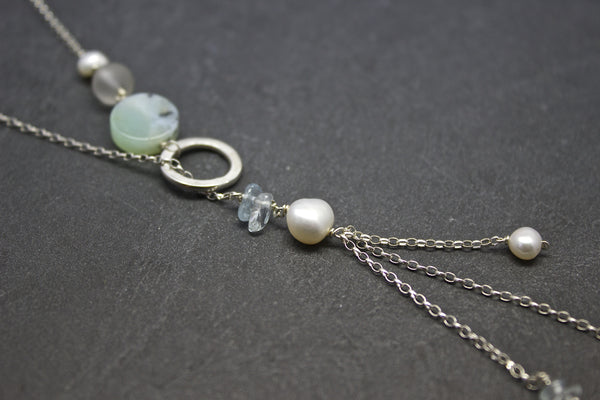 Pendant with chalcedony and three strand chains