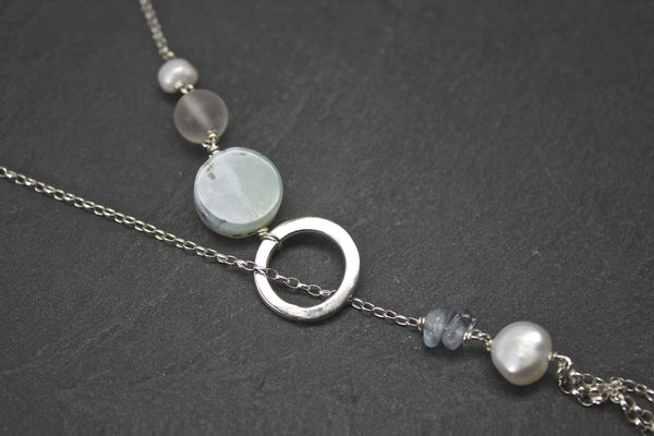 Pendant with chalcedony and three strand chains